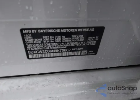 2022 BMW X7 xDrive40I z USA, uszkodzony, nr VIN 5UXCW2C06N9K70662